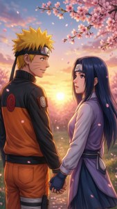 Romantisk tapet af Naruto og Hinata under kirsebærblomster.