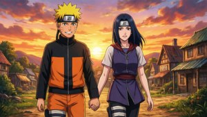 Naruto og Hinata går ved solnedgang — Anime par GIF Wallpapers