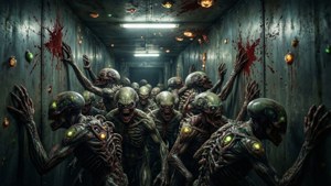 En skræmmende bølge af necromorphs rykker frem gennem en trang rumskibskorridor. wallpaper