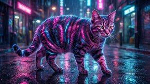 En neonlystribet kat, der går gennem en cyberpunk-by. — Kat Wallpapers