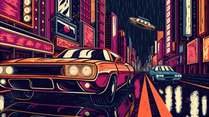cyberpunk by, futuristisk horisont, neonlys, flyvende biler, regnvåde gader, holografiske skilte, pink og blå glød, tåget atmosfære, sci-fi metropol, natbillede, filmisk belysning, digital kunst, fotorealistisk, dystopisk byscene, Fremtid, Fremtidens By, Fremtidens Baggrund, Cyberpunk, Bil, Bil 4k