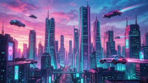 En futuristisk bysilhuet ved skumringstid med neonlys i pink og cyan. — Æstetisk kunst GIF Wallpapers