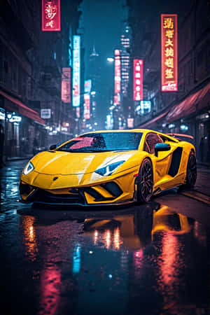 Lamborghini,neon gul,bylys,nat,futuristisk,urbant,våde gader,refleksioner,glødende,4K,portræt tapet,