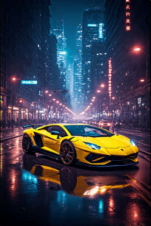Lamborghini,neon gul,bylys,nat,futuristisk,urbant,våde gader,refleksioner,glødende,4K,portrætbaggrund,