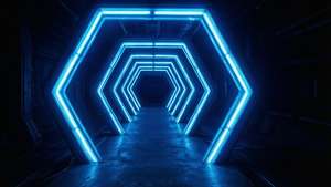 Et perspektivisk billede af en blå neonlysende sekskantet tunnel, futuristisk og glødende. — Neon blå æstetik Wallpapers