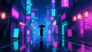 Et levende anime-bymiljø om natten med neonlys og regnrefleksioner. — Anime landskab GIF Wallpapers