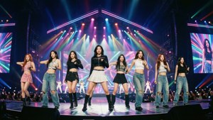 TWICE optræder på en livlig scene med neonlys.