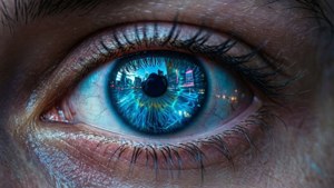 Nærbillede af et øje med neonblåt skær i cyberpunk-stil — Neon blå Wallpapers