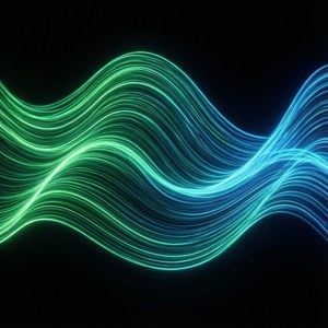 Abstrakte grønne og blå neonbølgekurver, der flyder på en sort baggrund. — Neon æstetik Wallpapers