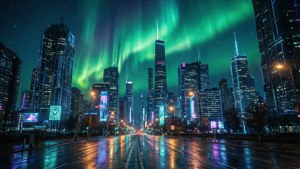 Et futuristisk bybillede lyser op under en grøn aurora med neonlysrefleksioner. — Grøn himmel Wallpapers
