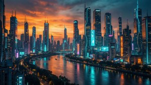 Et futuristisk ultrawide bybillede med neonrefleksioner