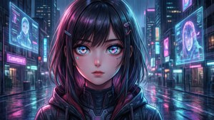 Animepige i en cyberpunkby med neonlys, der reflekteres i hendes øjne. wallpaper