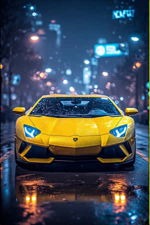 Lamborghini, neongul, bylys, nat, futuristisk, urban, våde gader, refleksioner, glødende, 4K, portrætbaggrund,