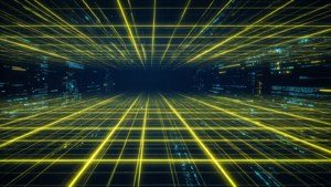 Et sci-fi-gitter i neongult og mørkeblåt, futuristisk digital tapet.