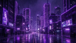 Glødende neonlilla bysilhuet i cyberpunk-stil