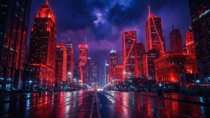Et filmisk neonrødt bybillede om natten med våde gader og cyberpunk-stemning. — Neon rød Wallpapers