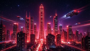 Futuristisk neonrød bysilhuet om natten med cyberpunk-æstetik. — Neon rød Wallpapers
