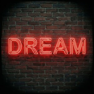 Inspirerende neonrødt DREAM-skilt på murstensvæg. — Neon rød Wallpapers