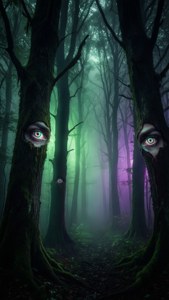 Glødende øjne stirrer fra en mørk, tåget skov. — Trippy mørk æstetik Wallpapers
