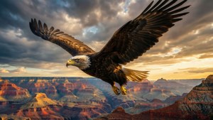 En ørn flyver over en kløft ved solnedgang, dramatisk og majestætisk. — iPad Wallpapers