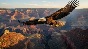 En ørn flyver over Grand Canyon i den gyldne time.