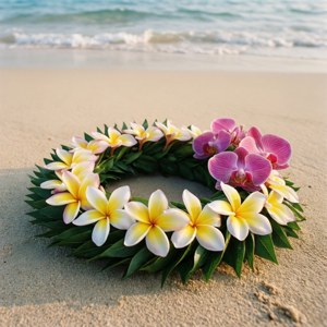 En smuk blomsterkrans på sandet med havets bølger i baggrunden. — Tecno Phantom V Flip2 Wallpapers
