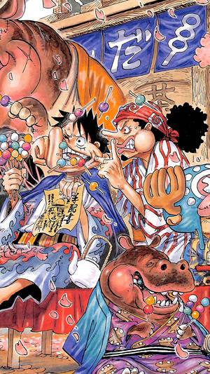 One Piece Telefon Luffy og Usopp spiser Dango — One piece telefon Wallpapers