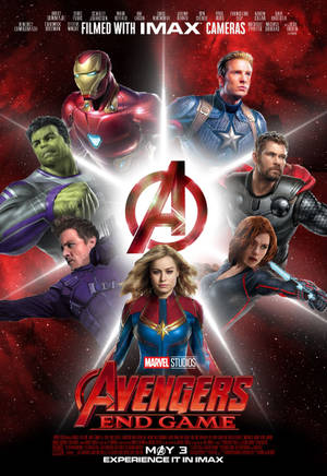 Avengers endgame karakterer på rød baggrund med symbol i midten — Oppo Pad 5 Wallpapers