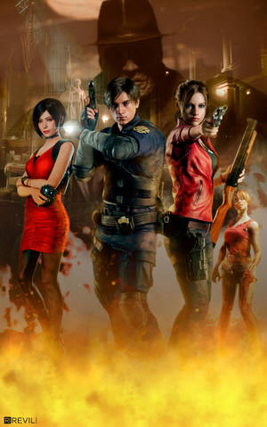 Resident Evil 2 Remake flammende mobil tapet med Ada, Leon, Claire og Mr. X. — RedMagic Astra 2 Wallpapers