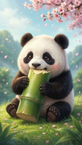 Sød kawaii-panda, der nyder bambus om foråret. — Kawaii Wallpapers