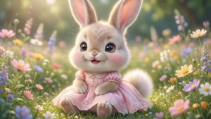 Sød kawaii-kanin, der nyder en solskinsdag i en blomstermark. — Kawaii Wallpapers