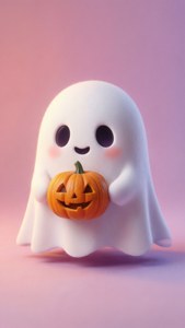 Et sødt pastel Halloween-baggrundsbillede med et venligt spøgelse, der holder et græskar på en blød lyserød og lavendelfarvet baggrund.