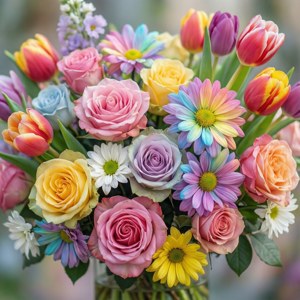 En pastelregnbueblomsterbuket med blødt fokus, perfekt som baggrund. — Pixel Watch 3 Wallpapers