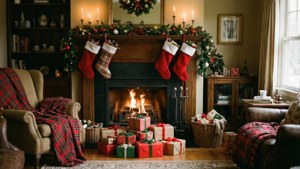 Gaver stablet ved en knitrende pejs i en varm, traditionel stue. — Julegaver Wallpapers