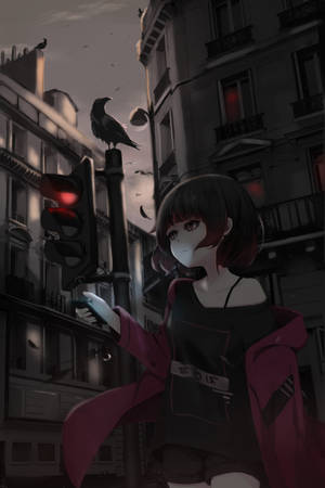 Forhåndsvisning wallpaper pige, telefon, gade, stil, dyster, anime — Sød animepige Wallpapers