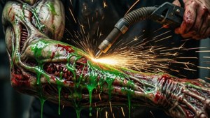 En plasmaskærer skiller voldsomt en nekromorf ad. wallpaper