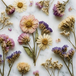 Tørrede pressede blomster på hvid marmor, pastelfarver, vintage botanisk fladt layout. — Huawei nova Flip S Wallpapers