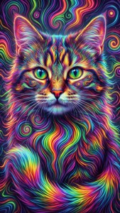 Trippy Cheshire Cat med regnbuestriber og neonsvirvler.