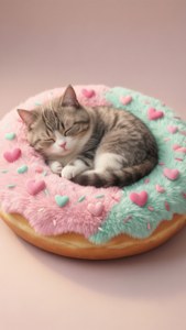 Pusheen sover i en donutformet seng, et super sødt kawaii-baggrundsbillede til katteelskere. — iPhone 7 Plus Wallpapers