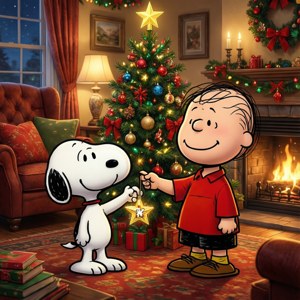 Snoopy og Charlie Brown pynter et juletræ sammen i et varmt rum. — Pixel Watch Wallpapers