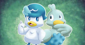 Quaxly og Ducklett på grøn baggrund — Anime skrivebord Wallpapers