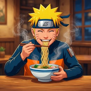 Flad vektorillustration af Naruto, der nyder ramen med et glad ansigt — Twilight Wallpapers