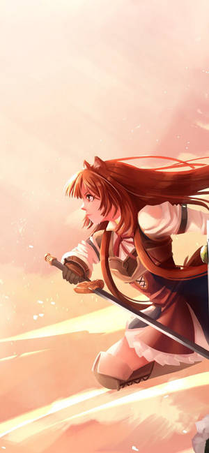 Raphtalia holder sit sværd foran en lyserød himmel. — iPhone 14 Plus Wallpapers