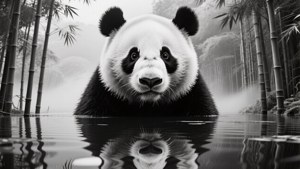 Dobbelteksponeret panda med skovrefleksion, surrealistisk sort-hvid tapet. — Panda Wallpapers