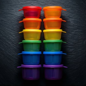 Regnbuefarvede Tupperware anbragt symmetrisk på skifer til en slående tapet. — Pixel Watch 4 Wallpapers