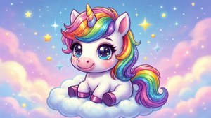 Magisk kawaii-enhjørning siddende på en blød sky. — Kawaii Wallpapers