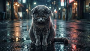 En ensom grå kat i regnen — Anime kat Wallpapers