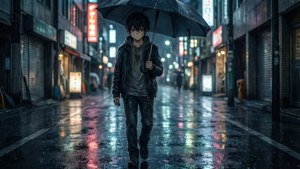 En trist anime-dreng går alene på en regnvåd bygade om natten og bliver gennemblødt.
