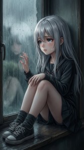 En trist anime-pige sidder på en vindueskarm og kigger ud på regnen, med hånden mod glasset. — iPhone 8 Wallpapers