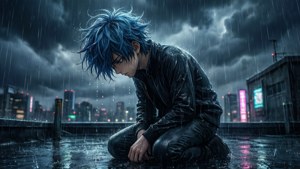 En trist anime-dreng knæler på et tag i regnen med bøjet hoved, midt i et stormfuldt bybillede. — Sørgelig anime GIF Wallpapers